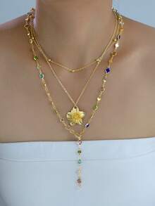 2pcs/Set Elegant Minimalist Fashion Floral Colorful Rhinestone Necklace Set, Suitable For Women's Vacation, Party, Date, Banquet, And Daily Wear