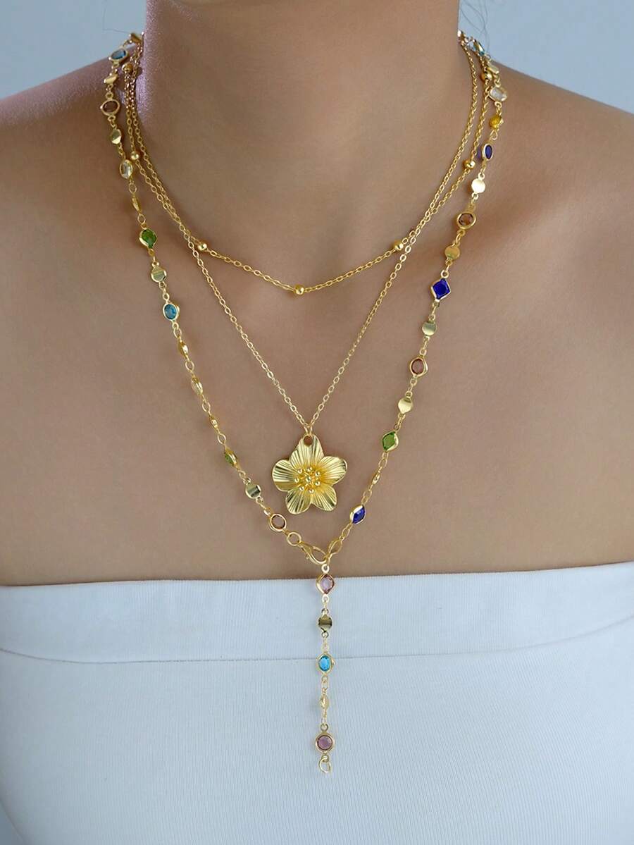 2pcs/Set Elegant Minimalist Fashion Floral Colorful Rhinestone Necklace Set, Suitable For Women's Vacation, Party, Date, Banquet, And Daily Wear