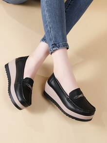 女士时尚厚底压花印花增高百搭厚底一脚蹬休闲鞋 - 黑色 - 查看 6