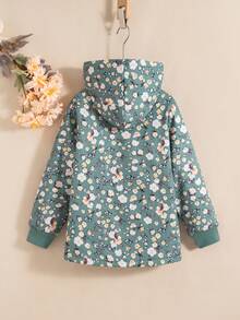 女童休闲碎花纽扣前长袖连帽棉服外套，秋冬 - 軍綠色 - 查看 2