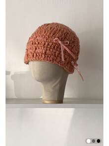 1 件秋冬百搭厚针织天鹅绒蝴蝶结保暖无檐小帽，女士手工针织耳暖桶帽，带天鹅绒蝴蝶结