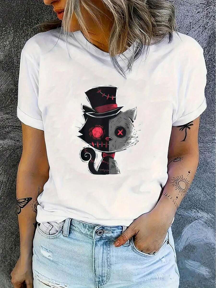 Casual Magic Cat Pattern Women's Fashion  Round Neck Short Sleeve T-Shirt, Simple Leisure Sports Top, Comfortable Summer Top for Women