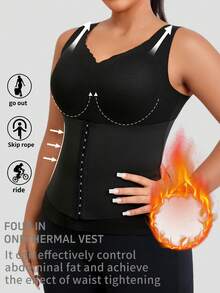 1件大码秋冬季保暖内衬圆领吊带背心，修身无袖休闲运动打底背心，女士 - 黑色 - 查看 4