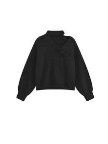 新款韩版不对称斜领灯笼袖宽松短款针织毛衣 - 黑色 - 查看 5