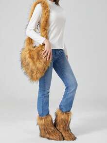 2 件套：时尚毛绒靴和单肩包，女士冬季保暖中筒毛绒雪地靴 - 棕色 - 查看 2