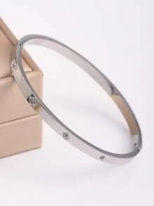 3pcs 18K Gold Plated Stainless Steel Four-Leaf & Three-Leaf Clover Bangle Bracelet Set, Suitable For Women's Party, Daily Wear, European & American Style, Personalized, Generous, Luxury Cubic Zirconia Wristband, Wedding Jewelry Set, Gift For Girls, Women, Relatives, Friends, Beautiful Wedding, Birthday, Valentine's Day, Mother's Day - Silver - View 14