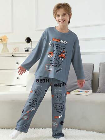 2 piezas Conjunto de pijama de franela con diseños de dibujos animados de Halloween para niños, pantalones largos, para otoño/invierno