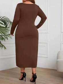 Plus Size Women Brown Long Sleeve Knit Midi Dress, Round Neck Fitted - Coffee Brown - View 2