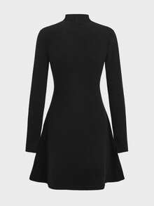 优雅休闲修身保暖高领长袖针织连衣裙，冬季连衣裙 - 黑色 - 查看 7