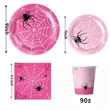 10 piezas Vajilla desechable de araña rosa de 7/9 pulgadas, bandeja redonda desechable para postres, vasos de papel, servilletas, adecuado para fiesta con tema de araña, fiesta de cumpleaños, fiesta familiar, fiesta con amigos, suministros para cena