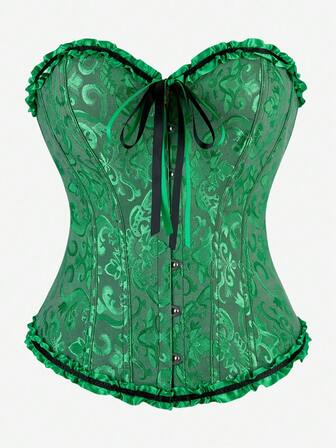 Corset Overbust Bustier, Classic Corset Shapewear, Strapless Sweet Fitted Boned Bodysuit, Ruffle Trim Waist Cincher, Costume For Masquerade, Halloween