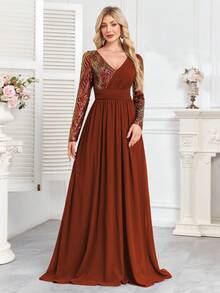 hezixi Sequin Splicing Chiffon A-Line Formal Evening Dress, V-Neck, Long Sleeve Elegant Prom Wedding Guest Gown, For Graduation, Dinner - Rust Brown - View 4