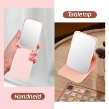 便携式化妆镜，PU皮革小镜，可折叠，旅行镜，适合送礼，旅行必备，化妆必备，易于收纳，可作为圣诞节和节日礼物，用于化妆，价格实惠，可用于房间装饰，梳妆台，旅行，卧室，化妆配件，镜子，化妆镜，迷你镜，便携式镜子，小镜子，手持镜，带支架的便携式旅行镜，可折叠紧凑型，迷你化妆镜适合放入口袋和手提包，男女通用桌面手持镜，价格便宜，情人节礼物 - 粉色 - 查看 4