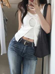 女士二合一吊带无袖扭结镂空开衩设计背心休闲白色夏季 - 白色 - 查看 7