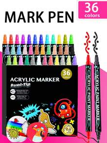 12/24/26/36 Colors Waterproof Dual Tip Acrylic Paint Pens, Dot & Fine Tip Premium Coloring Drawing Markers Set For Wood, Rock Painting, Canvas, Glass, Ceramic Surfaces And DIY Crafts Making Art Supplies,School Office Supplies, Halloween And Christmas Party Supplies