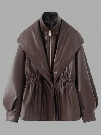 Women's Solid Color Double Collar PU Leather Jacket, Fashionable For Autumn/Winter