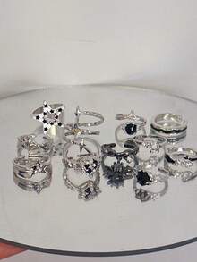 Kpop 哥特朋克复古美学几何不对称星星银色戒指女式 Egirl Grunge Y2K EMO 珠宝配饰 - 彩色 - 查看 4