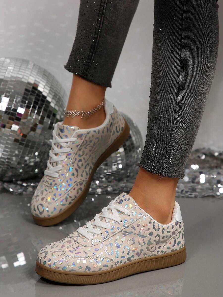 复古休闲豹纹拼布女式运动鞋，2025年春秋季新款 - 米色 - 查看 1