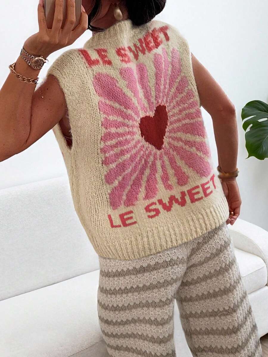 Plus Size Women's Fall And Winter Fashion Casual Bohemian Vacation Simple Commuter Contrasting Colors English Letters Love Printed Round Neck Pearl Buttons Sleeveless Cardigan Brunch Outfits For Women