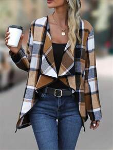 Plus Size Women Classic Plaid Pattern Long Sleeve Cardigan - Brown - View 1