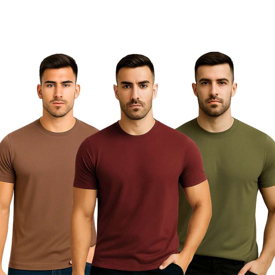 Kit Of 3 Classic Modal T-Shirts, Quality And Durability For Men, Modella - BROWN+WINE+GREEN - View 1