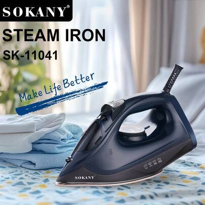  SOKANY 11041 多功能家用电熨斗，蒸汽熨斗，挂烫机，1600W 大功率，快速加热，210ml 大容量，多档温度控制，自由切换。LED 显示屏。陶瓷底板，轻松熨烫领口、纽扣等小面积部位。适合家庭使用，也是商务人士的理想居家助手。