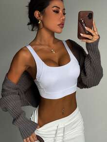 女士白色圆领可拆卸衬垫后背扣运动针织文胸 - 白色 - 查看 3