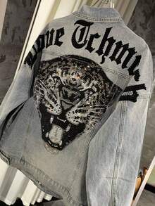 Men's And Women's Denim Shirts, Light Luxury And Fashionable Tiger Head Denim Jackets, Cool And Stylish Heavy-Duty Hot Stamping Men's And Women's Jackets, Spring And Autumn Tops, Distressed Denim, Patterned Denim - 淺色水洗藍 - 查看 6