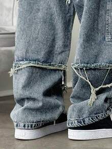 男童宽松破洞黑色牛仔裤，舒适休闲日常穿着，运动复古阔腿百搭牛仔裤 - 中等水洗藍 - 查看 5