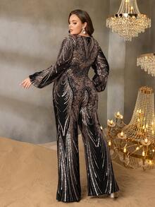 Faeriesty Curve Plus Metallic Sequin Feather-Patterned Long-Sleeved Flared Cuff Wide-Leg Jumpsuit With Flowing Drape – Luxurious Vintage Formal Design | Perfect For Galas, Weddings, Parties, And Formal Celebrations