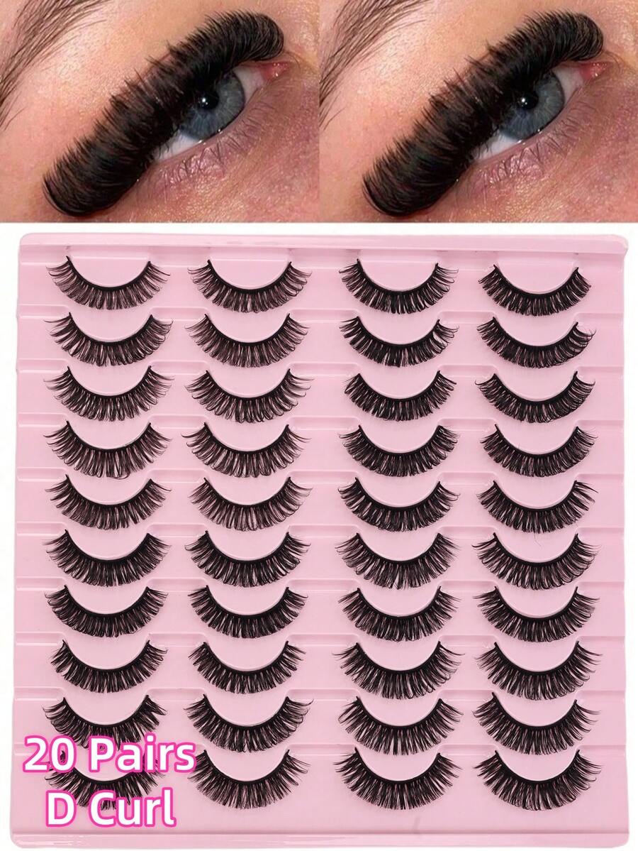 20 对 D 卷全条睫毛蓬松浓密假睫毛可重复使用仿貂皮睫毛条状睫毛、睫毛、睫毛、假睫毛 - 黑色 - 查看 1