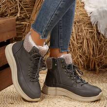 Bottes de neige décontractées pour femmes avec doublure en peluche, bout rond et fermeture éclair. Bottes chaudes et épaisses avec doublure thermique. Bottes d'hiver imperméables à tige courte et nouvelle cheville - Gris - Voir 3