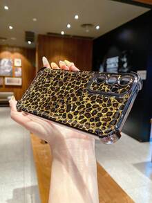 1 pieza Funda protectora de teléfono con estampado de leopardo y chapado electrolítico a prueba de golpes, compatible con Apple, Infinix, OPPO, VIVO, Realme - Negro - Ver 9