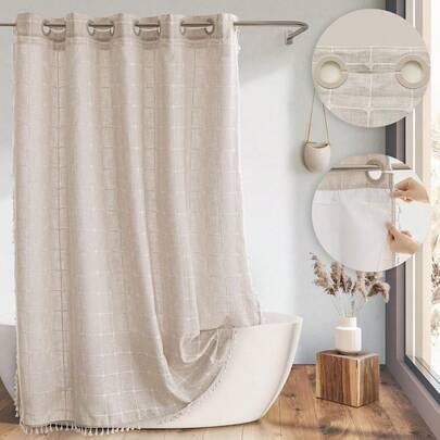 Farmhouse Shower Curtain With Snapin Liner No Hooks Needed Boho Fabric Shower Curtains With Tassels For Rustic Neutral Bathroom Decor With Magnets Water RepellentMachine Washable Linen 71x74Inch