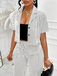 Amarilo Damen Sommer Lässig gestreiftes Hemd und Hose 2-teiliges Set, zufälliges Blumenmuster