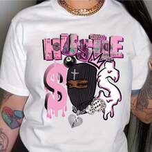 Women's Hustle Graphic T-Shirt - Vibrant Mask Girl Print, Classic Crew Neck, Short Sleeve, Relaxed Fit, Cotton, Machine Washable, Teenage Clothing|Artistic Print Shirt|Durable Cotton - màu đen - Xem 1