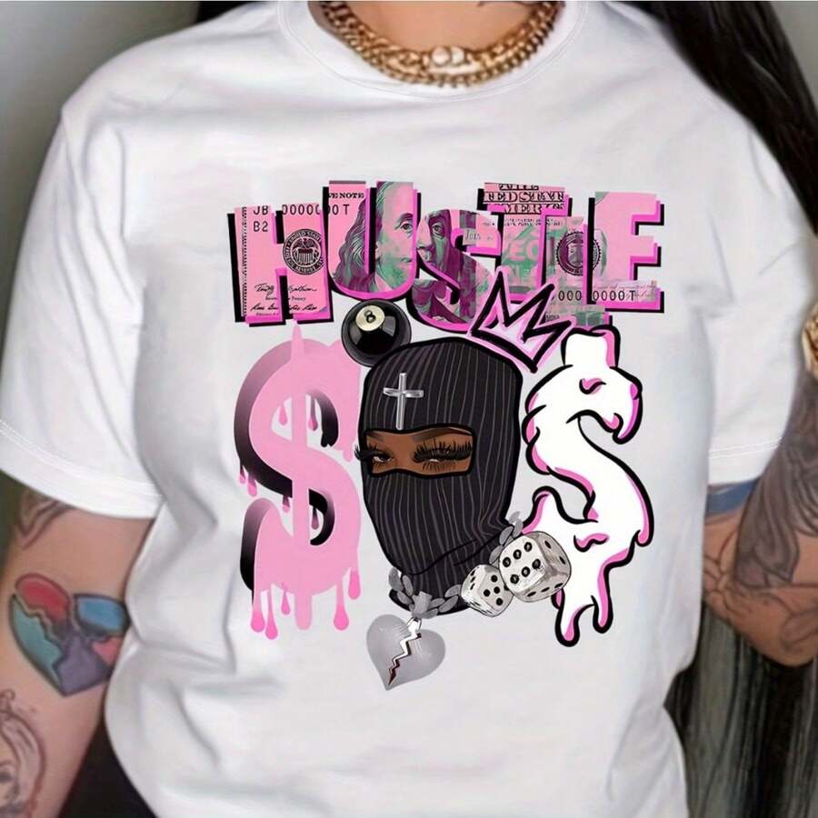 Women's Hustle Graphic T-Shirt - Vibrant Mask Girl Print, Classic Crew Neck, Short Sleeve, Relaxed Fit, Cotton, Machine Washable, Teenage Clothing|Artistic Print Shirt|Durable Cotton - màu đen - Xem 1
