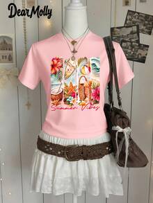 DEAR MOLLY 夏季海滩主题印花圆领短袖T恤，适合派对、聚会及各种场合，四季皆宜，是送给妈妈的理想礼物。 - 粉色 - 查看 3