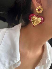 Monlansher 新款女士心形耳环，不锈钢与树脂撞色心形设计，时尚、个性化、奢华，适合日常佩戴 - 金色 - 查看 2