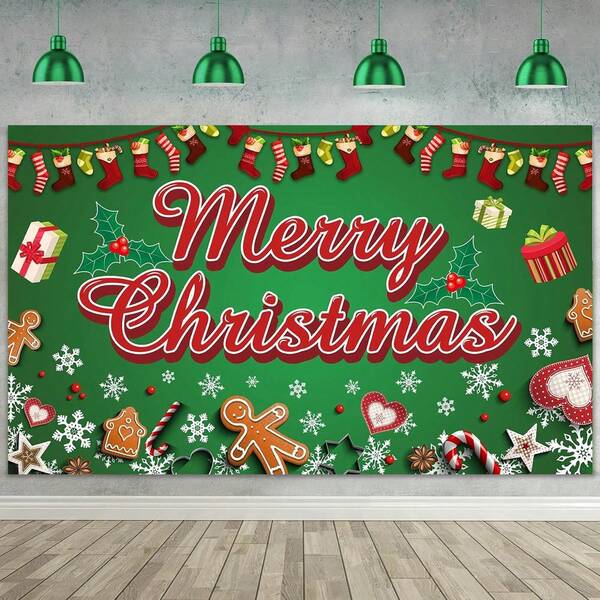 1 Stück Weihnachts-Hintergrundfahne, 210 x 150 cm / 150 x 100 cm / 100 x 75 cm grüner Lebkuchenmann Fröhliche Weihnachten Hintergrund, geeignet für Weihnachtsparty, Fotohintergrund, Wandschild, Gartenschild, Weihnachts-, Neujahrs- und Weihnachtsabend-Dekoration
