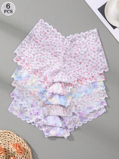 6 Stücke Damen Spitzen-Muster Splicing Mittlere Taille Boxer Shorts Unterwäsche Set - Sexy Po-Enhancer Höschen Bequeme Stretch Cheeky Höschen für Alltag & Sport Yoga Lingerie