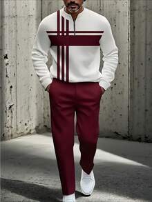 2PCS High-Quality Polyester Men's Long-Sleeved + Long Pants Sportswear Set, 3D Printed Pattern, Anti-Wrinkle And Easy To Care For, Half-Collared Top, European And American Style, Fitness, Outdoor Leisure, Golf, Tennis - 酒紅色 - 查看 2