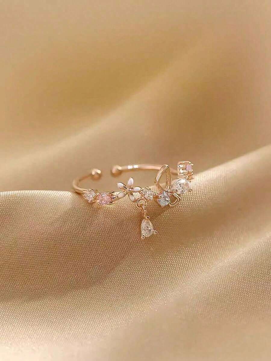 Nooxian 1pc Women Rose Gold Flower-Shaped Open Ring With Cubic Zirconia Valentines - Bạc - Xem 1