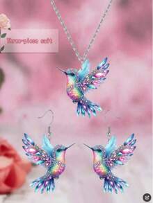 1Set Elegant Fashion Acrylic Hummingbird Necklace & Earrings Set With Multi-Color Wing Design, Suitable For Daily Wear And Birdwatching Enthusiasts, An Ideal Gift For Friends