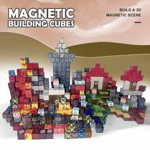 100PCS Magnetic Cubes | DIY 3D Construction Blocks | STEM Educational Toy | Volcano Castle Mine Town Scene | Character Faces | Stackable Pretend Play | Birthday Halloween Christmas - 100PCS - 查看 10