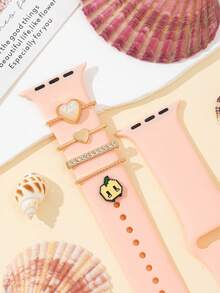 5 Pcs Decorative Pixel Cute Apple With Pearl Heart And Diamond Bling Bling Apple Nail And Ring Loop Jewelry With Apple Watch Band 40mm 41mm 42mm 38mm 44mm 45mm 46mm 49mm, Soft Silicone Sport Flowers Bands With Decorative Compatible With Apple Watch Charms For Series 10 9 8 7 6 5 4 3 2 1 SE For Women