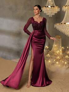 Faeriesty Floral Applique & Sequin Patchwork Ruffle Mermaid Hem Formal Dress - Burgundy - View 2