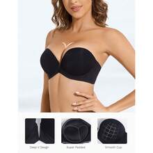 Strapless Bra Push Up Non Slip Deep V Plunge Underwire Bras For Women Super Padded Add 2 Cups - BlackBra - 查看 4