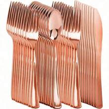 50/25 piezas Juego de cubiertos en color oro rosa: Cuchillo, Tenedor, Cuchara, Fácil de limpiar y reutilizable, Incluye cuchillo de fruta, tenedor de fruta, cuchara para pasta, cuchara de postre, cuchillo para tarta, tenedor y cuchara de ensalada. Adecuado para: Hogar, Restaurante, Exterior, Cumpleaños, Boda, Fiesta, Picnic, Graduación, Suministros escolares, Vajilla navideña