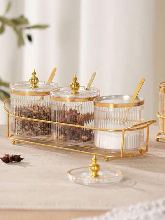 3 piezas Juego de frascos de especias de lujo para almacenamiento de cocina, incluye 3 frascos y 1 cuchara